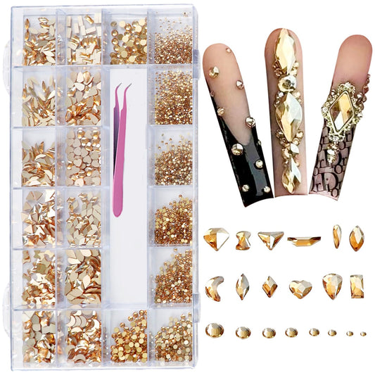 AMLAVIFISH Gold Rhinestones for Nails, 6080Pcs Gold Nail Art Rhinestones Kit, 3D Flatback Crystals Diamonds for Nail Art Design, Mix Sizes Nail Charms and Gems(Tweezers Included)