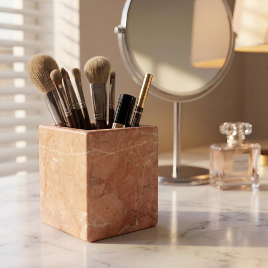 KEBTN Natural Marble Pen Holder, 2.95” x 3.74” Square Makeup Brush Organizer, Toothbrush Holder, Multi-Purpose Marble Caddy for Desk, Bathroom Vanity, Small Flower Vase & Office Supplies (Rosa Verona)