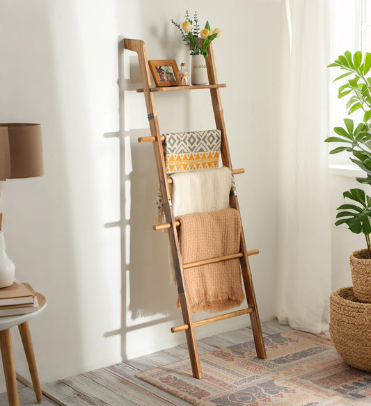 ZUNTO Blanket Ladder with Top Shelf for The Living Room - 67in Decorative Wooden Blanket Holder, 5 Tier with Side Hooks for Hanging - Rustic Farmhouse Towel Throw Ladder Rack for Organize and Display