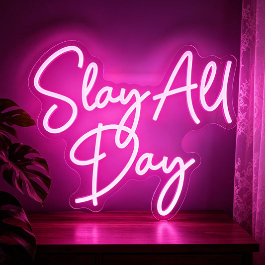 Mvorixa Slay All Day Neon Sign Pink Slay Queen Neon Sign Aesthetic LED Dimmable USB Neon Lights for Wall Decor Preppy Room Decor for Bedroom Dorm Vanity Y2K Inspirational Gifts for Teen Girls & Women 14.25"x12.36"