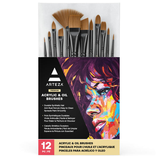 ARTEZA Paint Brushes Set of 12, Acrylic and Oil Paint Brushes with Synthetic Hair, Rust-Resistant Ferrules and Birch Wooden Handles for Canvas, Crafts, Blending, Layering, and Detail Work