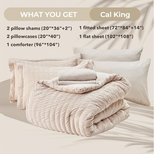HYMOKEGE California King Comforter Set - 7-Piece Seersucker Luxury Bedding in Beige for All Seasons