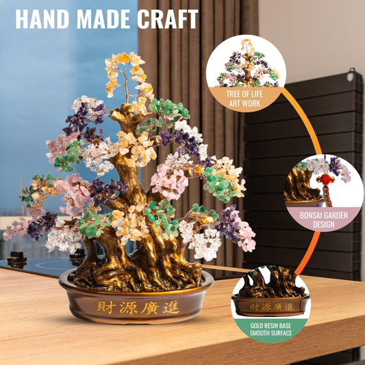 GEMBOURY Natural Bonsai Feng Shui Money Tree, 18'', Includes Lucky Coins Chain, Tree of Life (1300 Gemstone Count), Good Luck and Wealth