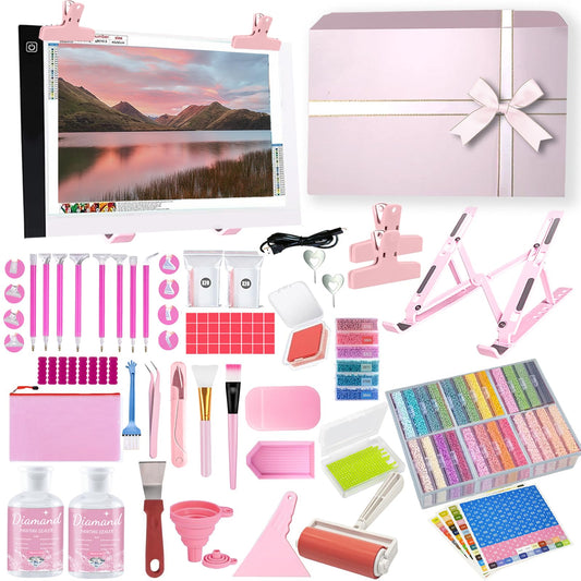 Qlonry 150 Pcs All Inclusive Diamond Painting Tool Kit Diamond Art Accessories Kit Including A4 LED Light Pad Kit,Bracket,Convex Point Design Storage Box,Painting Pen for DIY Craft