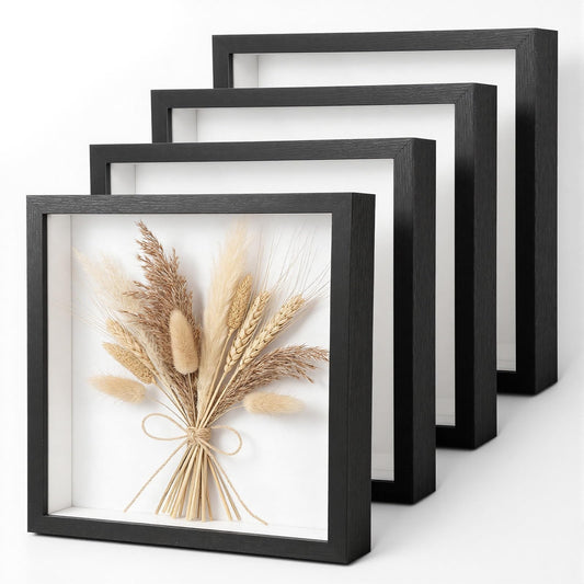 Meyeyaia 4 Pack Shadow Box Frames, 12 x 12 Inches Square Artificial Board Shadow Boxes Display Case, Black 3D Picture Frames for Photos, Dried Flowers, Wall Mounted Handicraft Photo Frame