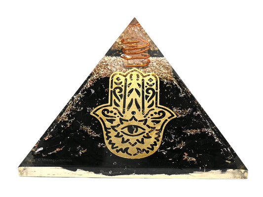 Amazing Gemstone Large Black Tourmaline Orgone Pyramid Crystal, Hamsa Hand Evil Eye Orgonite Pyramid, Positive Energy Healing