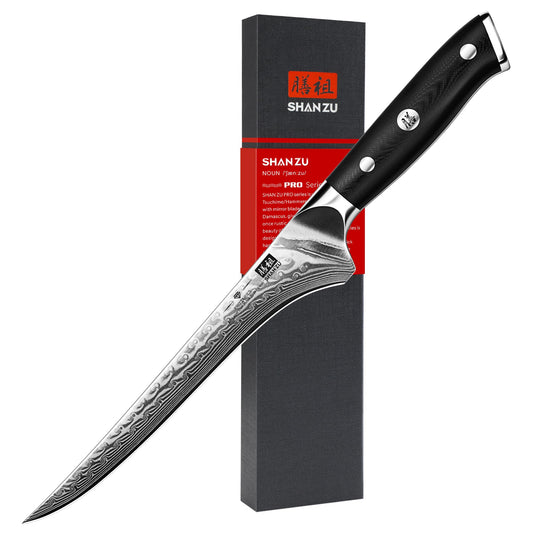 SHAN ZU 7 Inch Fillet Knife, Japanese Steel Damascus Boning Knife, Professional Sharp High Carbon Super Steel Kitchen Utility Knife with Ergonomic G10 Glass Fiber Handle