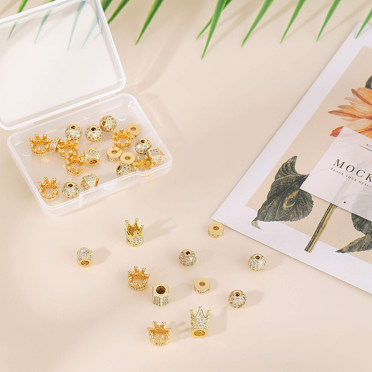 40 Pieces King Crown Charms 8mm Round Rhinestone Beads Hexagon Big Hole Spacer Beads Bracelet Connector for DIY Xmas Jewelry Crafts Making (Gold with White Zircon)