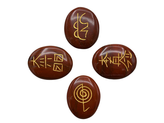 Amazing Gemstone Red Jasper Crystal Reiki Stones with Engraved Symbols for Usui Reiki Healing, Set of 4 Pcs (Indian Handmade Reiki Gift Set)