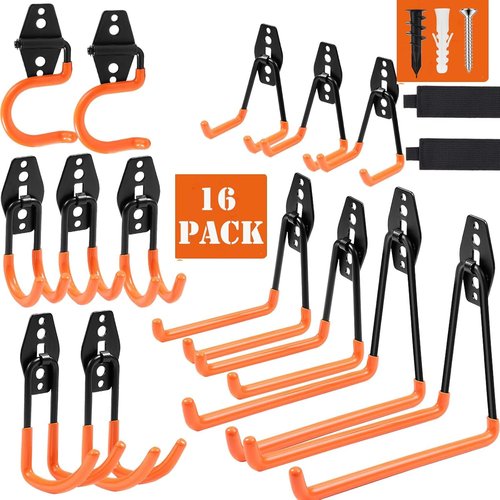 Heavy Duty Garage Hooks - 16 Pack Industrial Wall Mount Storage for Bikes, Ladders & Tools | 100 LBS Capacity, Orange