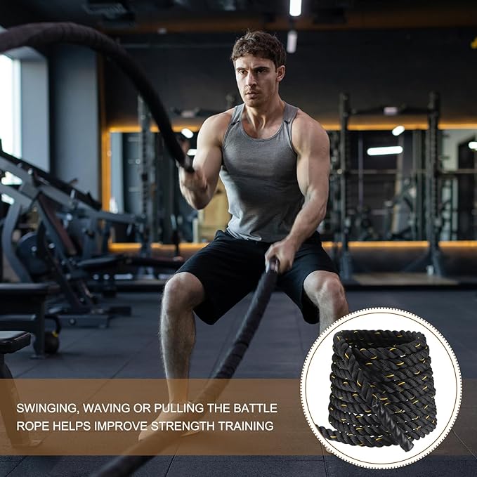 MECCANIXITY Battle Rope 40ft x 1.5 Inch Polyester Workout Rope Heavy Fitness Exercise Rope for Strength Training Home Gym Muscle Building, Black Yellow