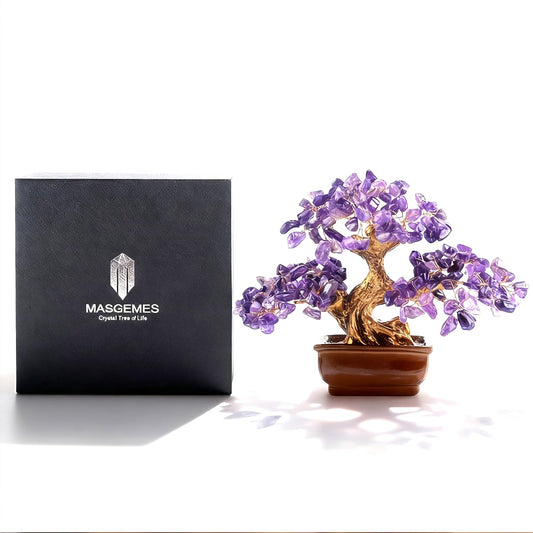 MASGEMES Amethyst Crystal Tree Bonsai – Handmade Tree of Life with Natural Amethyst Gemstones – Feng Shui Money Tree Chakra Healing, Spiritual Growth & Positive Energy Decor Gift 6 Inches