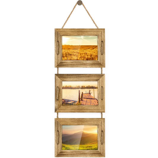 DLQuarts 5x7 Hanging Picture Frames Collage Wall Decor, 3-Opening Photo Frames 5x7 without Mat & 3.5x5 with Mat, Rustic Wood, Carbonized Black