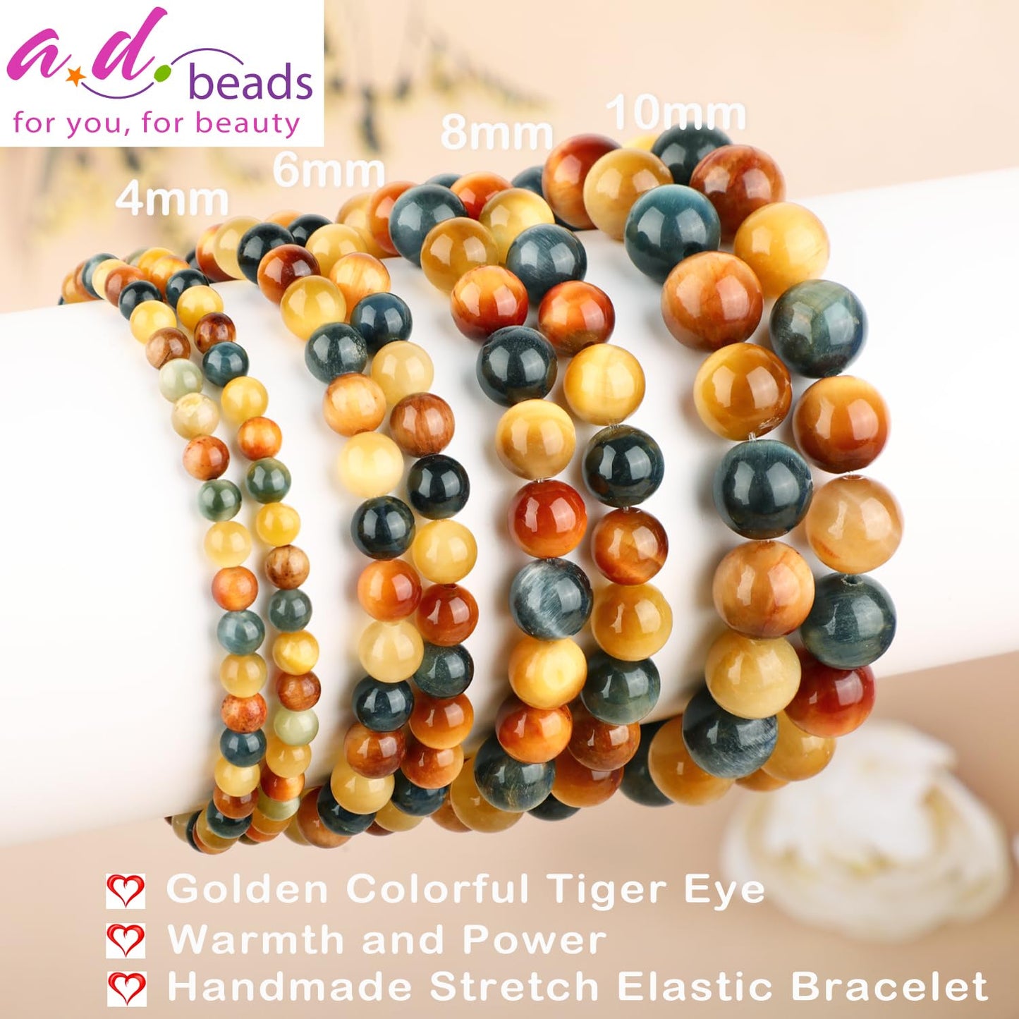 AD Beads 10mm Handmade Golden Colorful Tiger Eye Elastic Bracelet – Natural Gemstone for Warmth and power – Meditation, Yoga, Healing and Energy Gift for Men Women