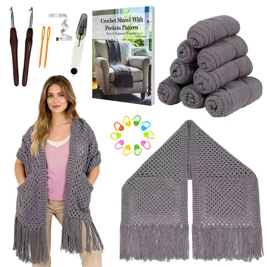 Arborthread Crochet Kit for Beginners, Easy All-Season Pocket Shawl & Scarf Crochet Kit for Adults w/Ample Premium Yarn to Fit Different Sizes, Step-by-Step Video & Instructions, Grey