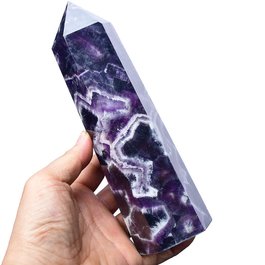 FZBHRO Large Crystal Towers Chevron Amethyst Wand 6 Faceted Quartz Point Purple Healing Crystal Stone Obelisk for Meditation Gifts 0.8-1.3 Pound