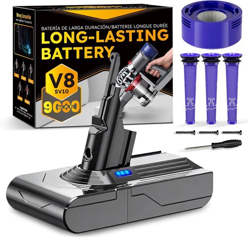 Dyson 9000mAh V8 Battery Replacement - Compatible with V8 Animal/Absolute/Motorhead/Fluffy | Includes 4 Filters