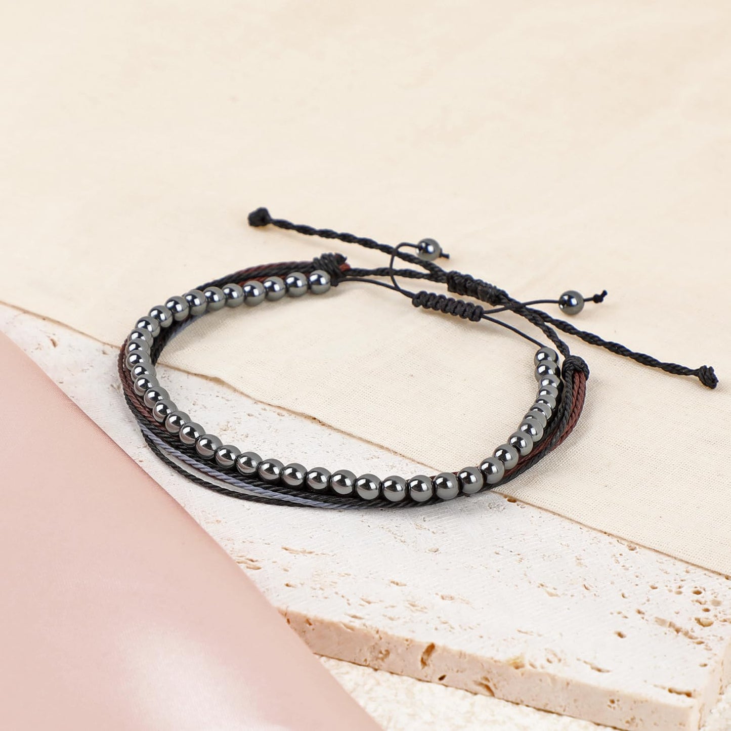 LPBeads 4mm Hematite Bracelet with Handmade Rope Bracelet Size Adjustable Natural Stone Crystal Healing Bracelets Gifts for Unisex Adults