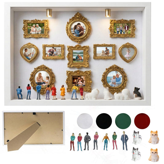 All-in-One DIY Shadow Box Kit,Mini Gold Frames with Museum of Figurines | LED-Illuminated Silhouette Box Memory Collage | Anniversary/Wedding Eco-Friendly Decor Gift (B Style)