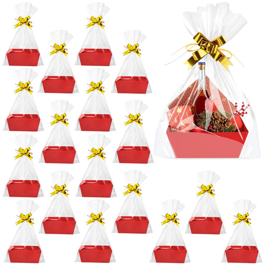Fainne 54 Pcs Basket for Gifts Kit Include 18 DIY Empty Gift Basket Bulk, 9.8 x 8.5 x 3.5 Inches Food Storage with Handles, 18 Plastic Bags and 18 Bows for Christmas Party Gift Wrapping(Red)