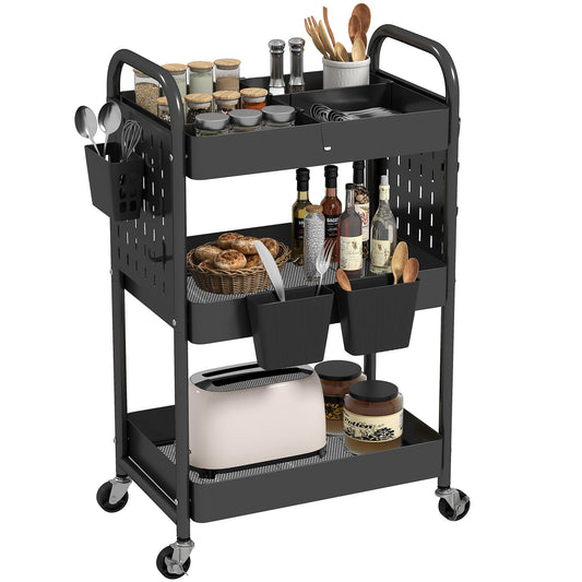 danpinera Craft Cart, Black Rolling Cart with Retractable Dividers & DIY Pegboards for Kitchen, Bedroom, Laundry