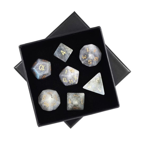 mookaitedecor 7 PCS Labradorite Crystal Polyhedral DND Dice Set, Polished Tumbled Stones Dices for RPG MTG Table Games Home Decoration