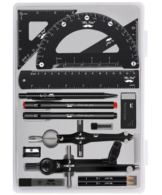 Mr. Pen- Professional Geometry Set, 15 pcs, Drafting Tools with Protractor, Compass, Metal Ruler, Triangles, Pens & Pencils, Complete Geometry & Drafting Kit for Architects, Engineers & Students