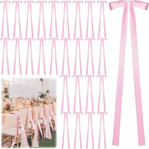 Elegant Wedding Pink Ribbon Bows by 24 Pcs | Large Decorative Sashes for Chairs & Pew Back