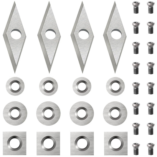 Diraeen 32pcs Carbide Lathe Tools,Tungsten Cutters Inserts Set for Wood Lathe Turning Tools, Include 11 mm Square with Radius, 12 mm and 8.9 mm Round, 30 x 10 mm Diamond,Screws