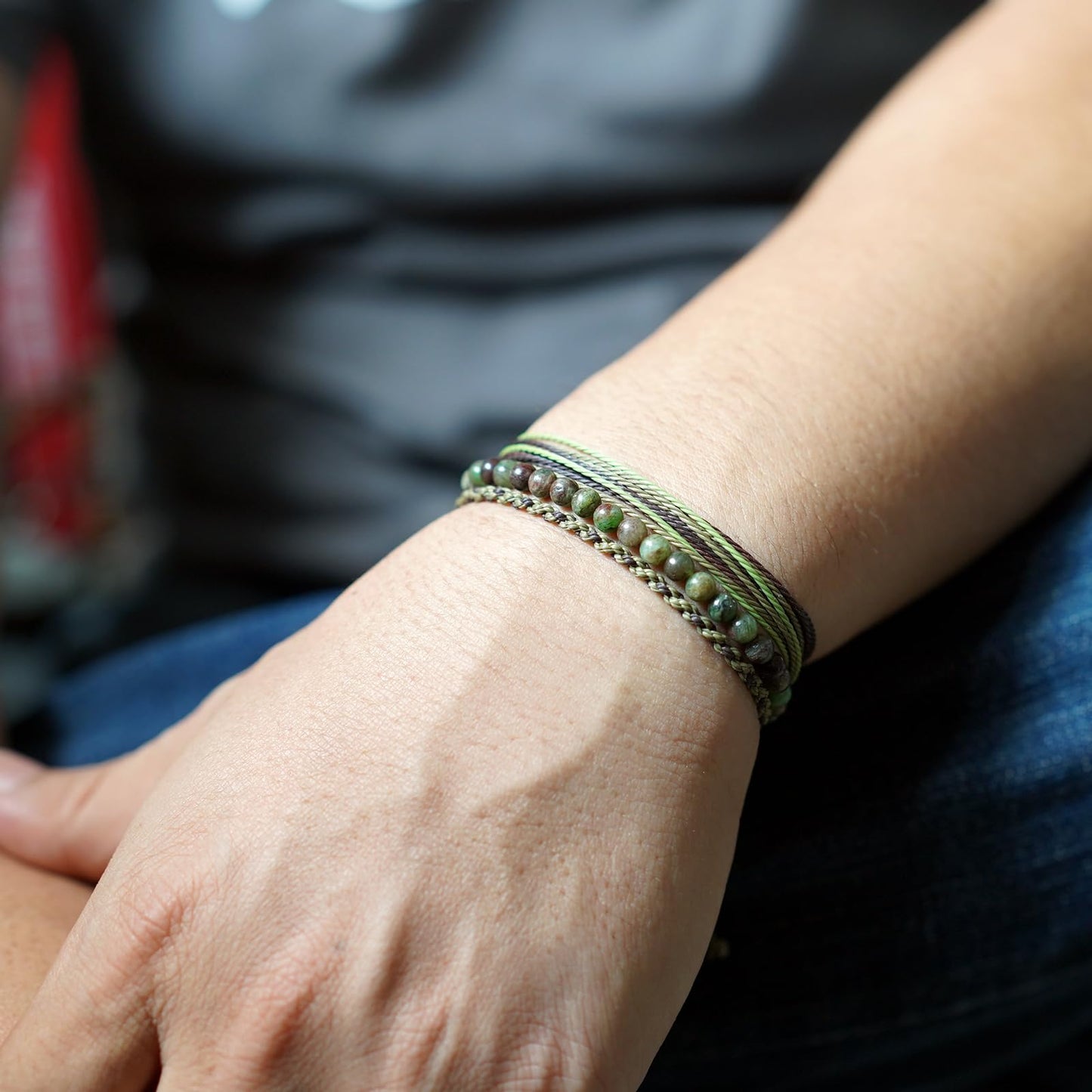 Handmade Natural Stone Beaded Healing Bracelet Gift for Men Adjustable Rope String Bracelet (Green/Coffee Jasper, Adjustable)