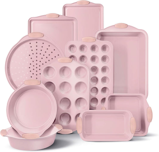 Country Kitchen Nonstick Bakeware Set - Heavy Duty & Easy Release, 10-Piece Pink Collection