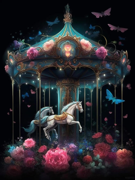 YEEIFFD Adults Diamond Painting, Nice Carousel Diamond Art Kits Round 5D Flower Gem Art Kits DIY Crafts Kits Gift for Girl's Room Decor Wall Decor 12x16 inch