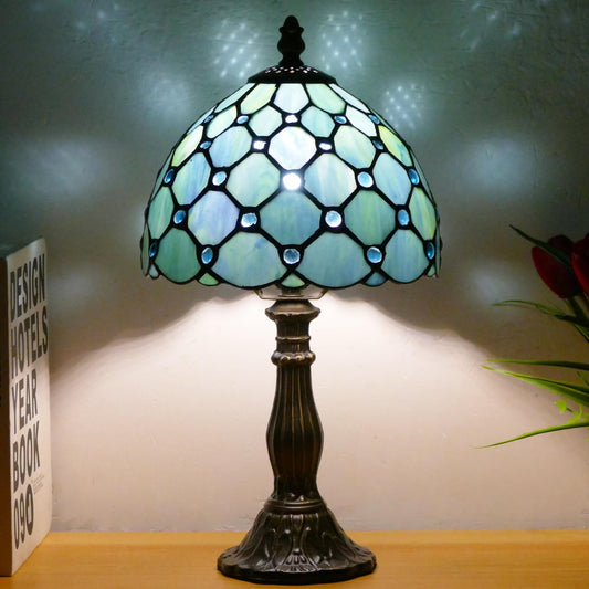 WFAYNTIFL Small Tiffany Lamp Mini Stained Glass Table Lamp Sea Blue Pearl Style Bedside Accent Lamp Memory Sympathy 8X14.5 Inch
