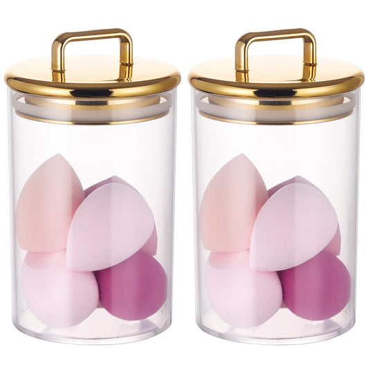 2 Pack 24 oz Medium Acrylic Storage Apothecary Jar with Gold Airtight Lid | Bathroom Vanity Organizer Containers | Ideal Decorative Canisters for Shells, Bath Salt, Grains, Cotton Ball, Flossers
