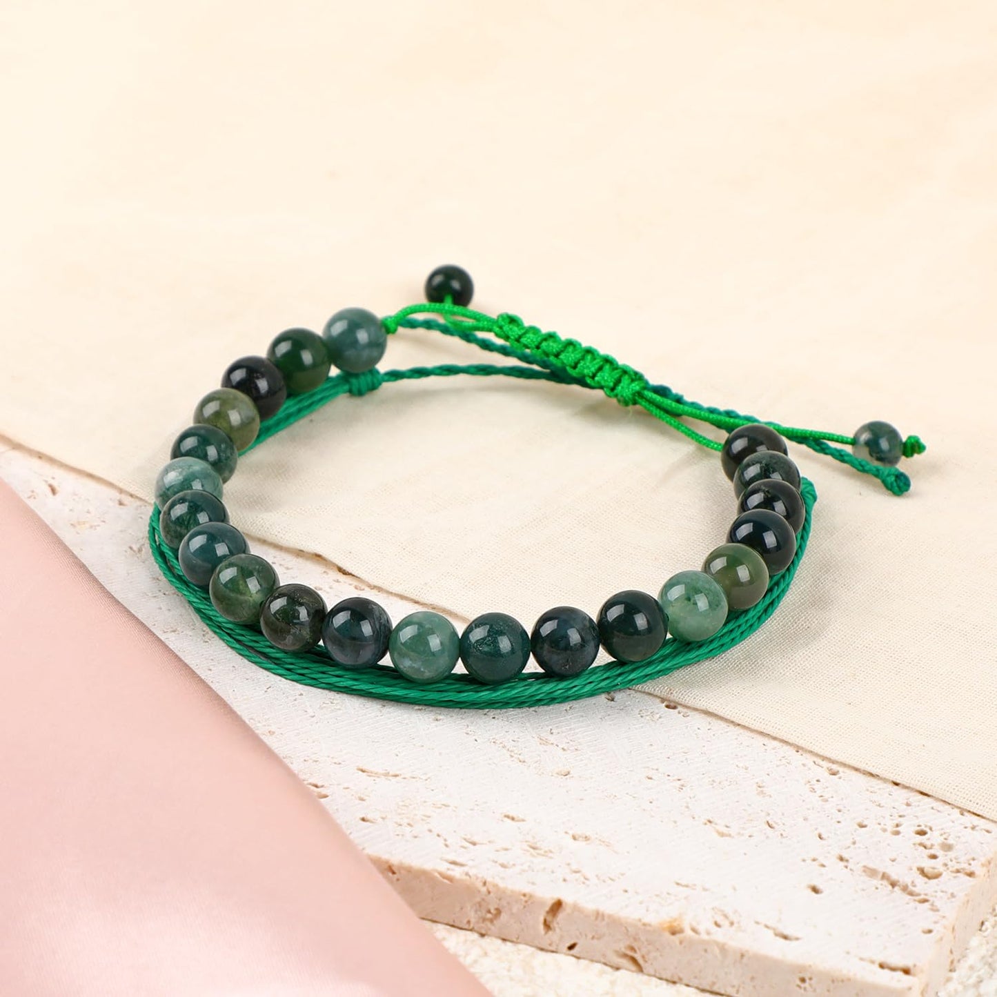 LPBeads 8mm Moss Agate Bracelet with Handmade Rope Bracelet Size Adjustable Natural Stone Crystal Healing Bracelets Gifts for Unisex Adults