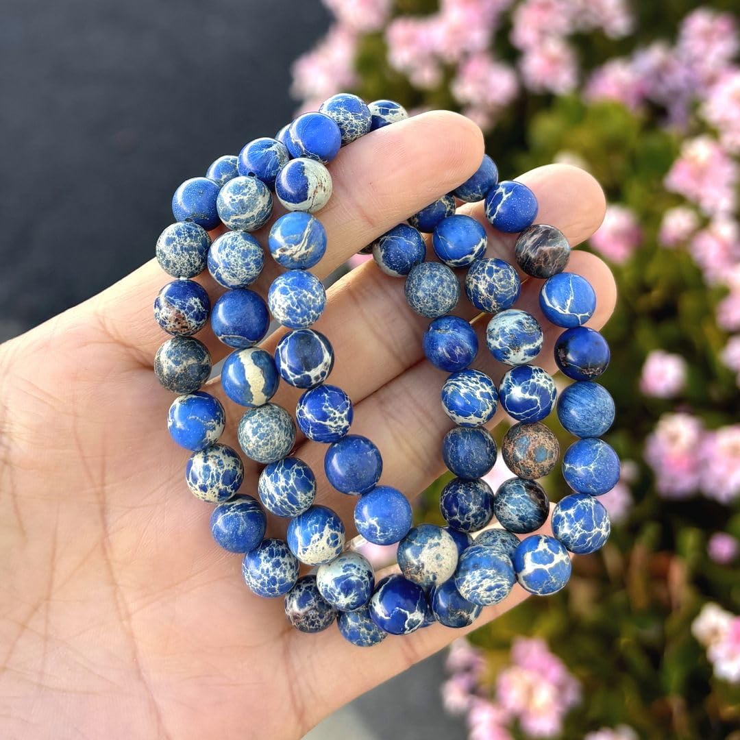 Adabele Real Natural Blue Impression Aqua Terra Sea Sediment Jasper Gemstone Beaded Bracelet 8 inch Stretch Chakra Healing Crystal Stone Jewelry Women Mom Gift GB8-C3