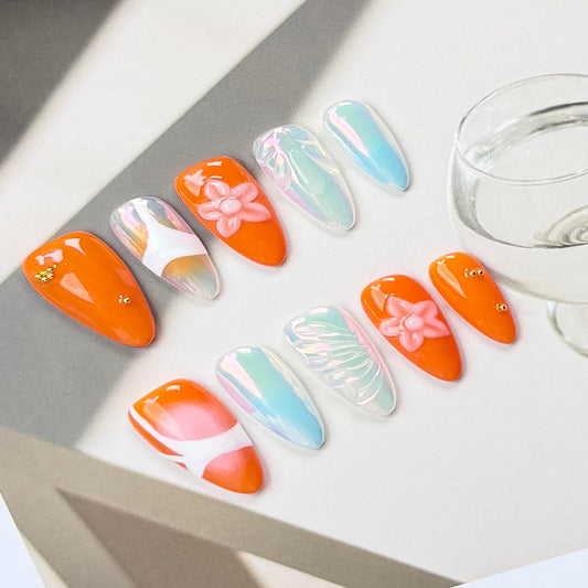 100% Handmade Press on Nails Medium Almond Handmade Nails with Rhinestone Flower Charm Design Orange False Nails Laser Nail Press ons Reusable Acrylic Fake Nail Stick on Nails for Women Size M 10Pcs