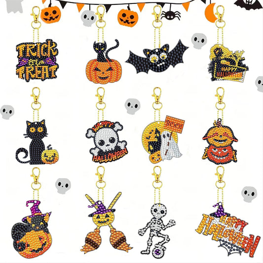 12 Pcs Halloween 5D DIY Diamond Art Painting Keychains Kits for Adult Beginners. Double Sided Hanging Halloween Party Keychains and Ornaments for Decoration Gifts (key03)