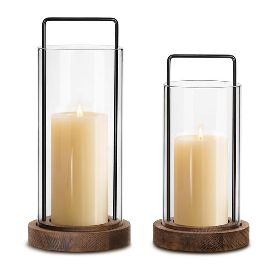 Houmury Farmhouse Candle Holder Decor Boho Glass Hurricane Lantern for Table Centerpieces Set of 2 Decorative Wood Metal Candle Holders for Living Room Dining Patio Home Decoration (Brown)