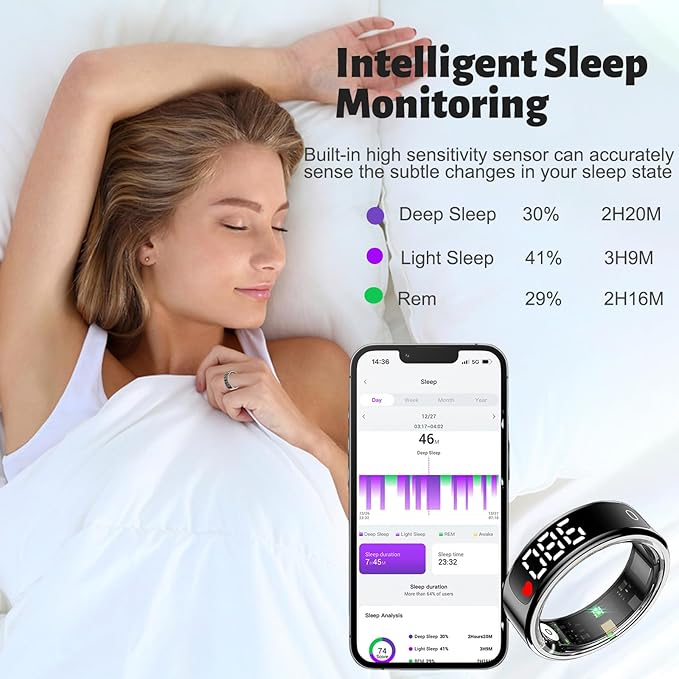 Smart Health Ring for Women Men, Smart Ring Fitness Tracker for iOS Android, Heart Rate, Blood Oxygen, Blood Pressure, Sleep Monitoring,5ATM Waterproof, No Subscription Fee (Silver, 11#)