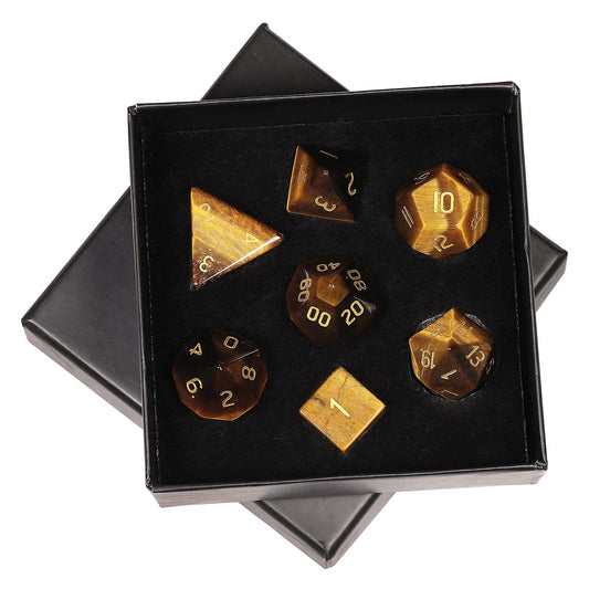 mookaitedecor 7 PCS Tiger's Eye Crystal Polyhedral DND Dice Set, Polished Tumbled Stones Dices for RPG MTG Table Games Home Decoration