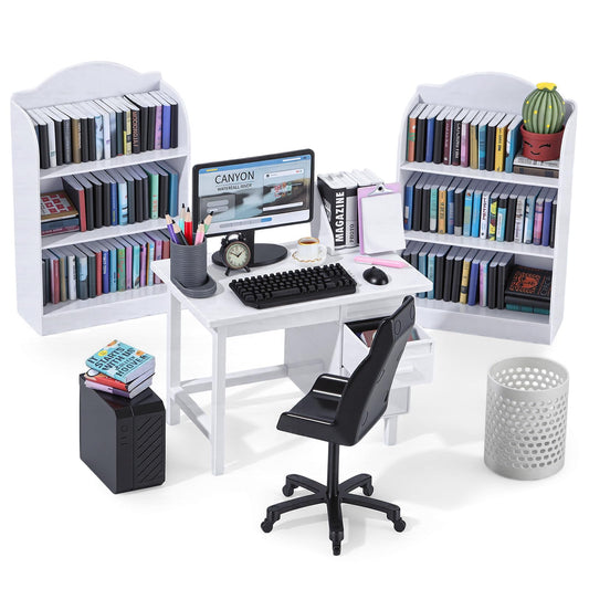 1:12 Scale Mini Desk Set with 100 Mini Books & 2 Bookshelves — Miniature Dollhouse Furniture Set with Office Chair, Computer & 15+ Accessories — Mini Desk Accessories for Doll House Diorama
