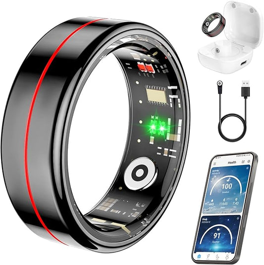 Fit Ring, Smart Health Rings for Women Men with Heart Rate,Blood Oxygen,HRV,Stress Level, Sleep Monitor, Step Tracker, No Subscription Fee, IP68 Waterproof Smart Ring for iphone &Android (Black, 12#)