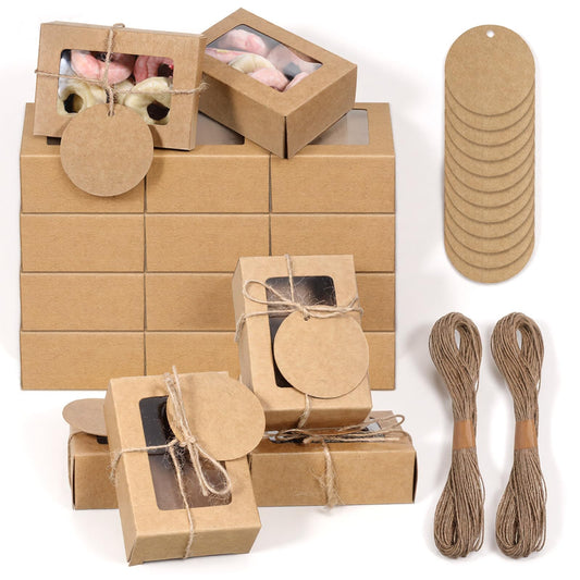 100 Pcs Soap Boxes for Handmade Soap, 3.35 x 2.36 x 1.18 Inch Kraft Paper Soap Packaging Boxes with Clear Window Small Rectangular Gift Wrapping Box for Bakery Candy Cookies Chocolate Party Favors