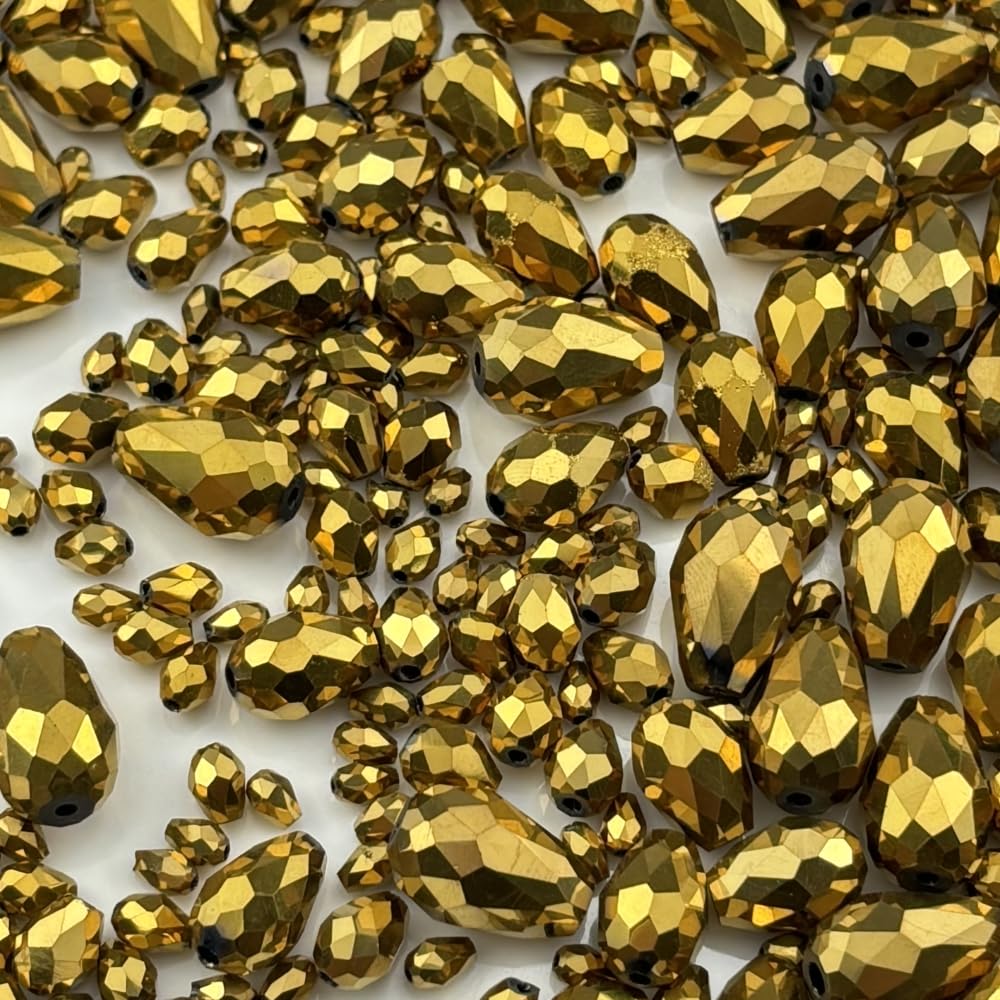 Xinhongo 340pcs Teardrop Crystal Glass Beads 3x5mm 4x6mm 6x8mm 8x12mm 10x15mm Vertical Hole Faceted Glass Spacer Beads for Necklace Bracelet Earrings DIY Jewelry Crafts(Gold)