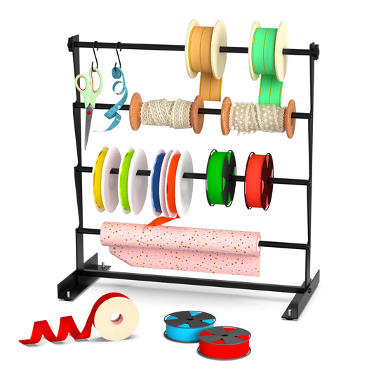 Alyoen Ribbon Organizer, Metal Ribbon Holder Storage Rack with Activity Hooks, Ribbon Spool Holder for Craft Room Sewing Thread Mesh Ribbon Wreath Washi Tape, Florist Arts Wrapping Gift