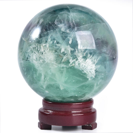 JIC Gem 2.7-3.1 inch(70-80mm) Large Crystal Ball Feather Fluorite Healing Crystals Sphere with Wooden Stand Meditation Home Decor