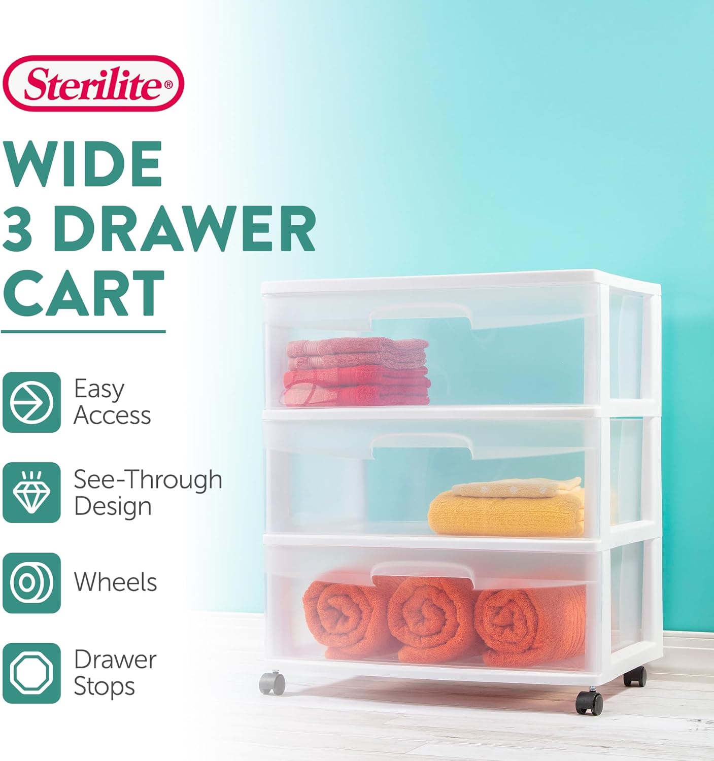 Sterilite 4-Pack Wide 3 Drawer Rolling Storage Cart - Clear Drawers & White Frame for Easy Organization