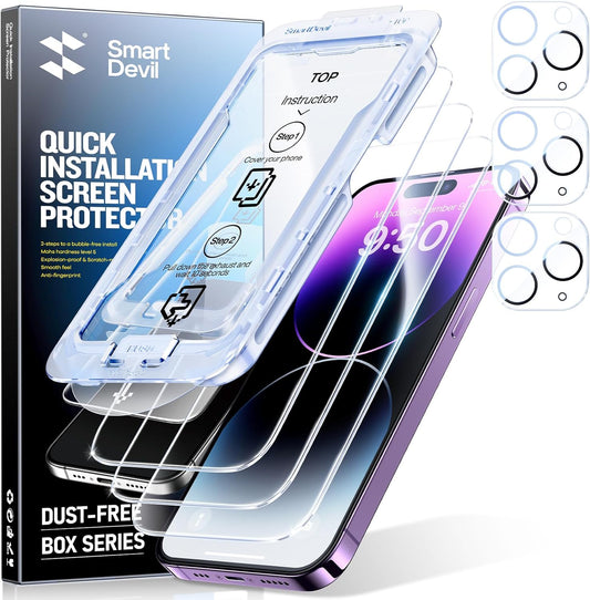 3-Pack 14 3-Pack 9H SMARTDEVIL Screen Protector for iPhone Pro Max with Camera Lens Protector, Clear Tempered Glass