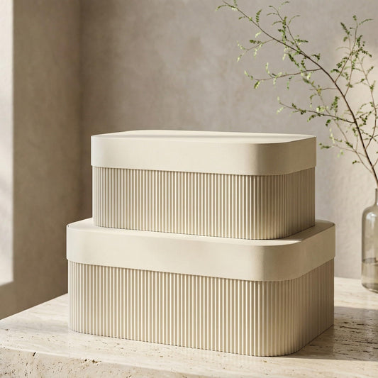 ZICOTO Decorative Storage Boxes with Lids - Set of 2 Beautiful Fluted Photo Organizer Bins for Your Home Bookshelf Decor to Safely Store Your Documents, Memory Box Items and Other Keepsakes in Style
